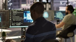 Programmer creating AI machine learning models that can analyze data to automate decision making processes, handheld camera shot. IT professional doing artificial intelligence programming, camera A Stock Video