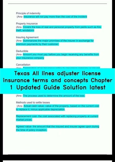 Texas All lines adjuster license insurance terms and concepts Chapter 1 Updated Guide Solution lates