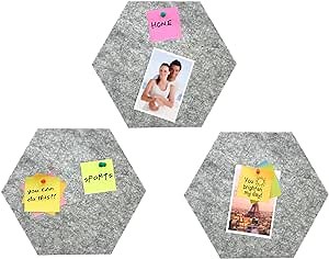 Felt Board Tiles - Set of 3 Notice Memo Bulletin Pin Boards with 30 Push Pins Pack 5.9 x 7 inches (15 x 17.7 cm) (Hexagon 10"×12", Grey)