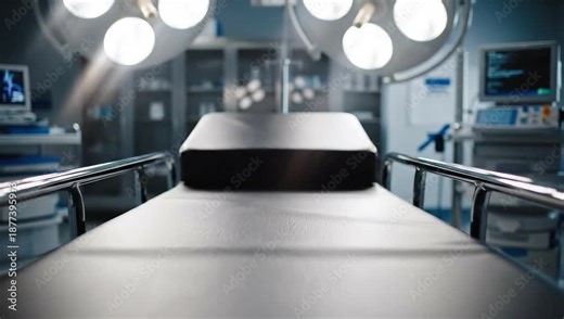 Empty hospital operating room with a surgical table and medical equipment.