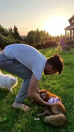 Weiße katze rettet verletzte füchsin und ihre babys 🐱🦊💖 #shorts