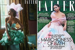 Lady Emma Weymouth stuns as she poses in plunging gown and feather hat