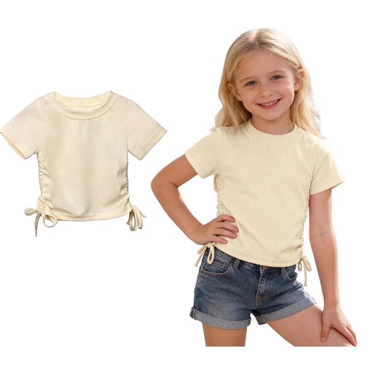 Tween Girls T Shirt Beige Top Slim Fit Drawstring Side Girl Clothes 12-13 Years