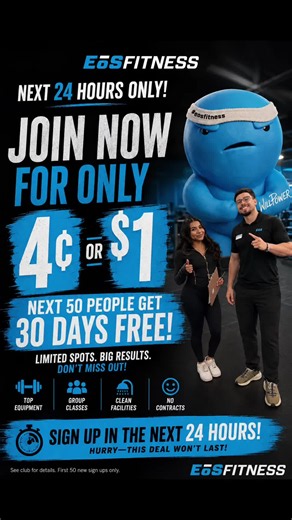 ¿Ya viste esta promoción de EOS Fitness? 👀 Solo estará disponible por 24 horas. Si estabas esperando el momento para empezar el gimnasio, esta puede ser tu oportunidad. ¿La aprovecharías? 💪 #EOSFitness #GymDeals #PhoenixAZ #Fitness #GymMotivation