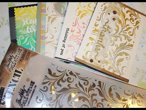 4 cards using one stencil by Tim Holtz and embossing paste