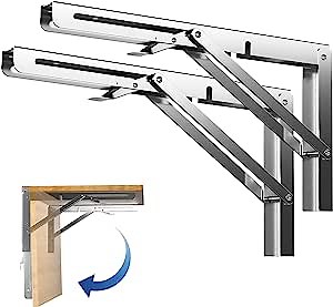 12 inch Sturdy Folding Shelf Brackets Stainless Steel, Heavy Duty Wall Mounted Triangle Brackets for Shelves, Space Saving for Table Work Bench, Pack of 2 ARANA
