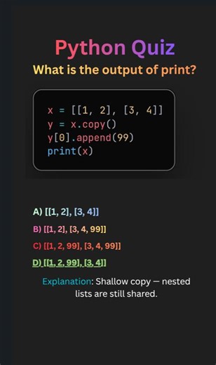 Python Quiz: List Copy Trap #python #pythonprogramming #tips #tipsandtricks #learning #code #programming #developer | Pythopedia | Facebook