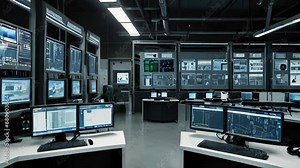 Modern Control Room with Multiple Screens and Computer Systems