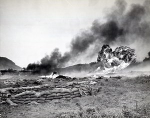 Direct Hit on Marine Amtrac on Beach, Iwo Jima, February 1945