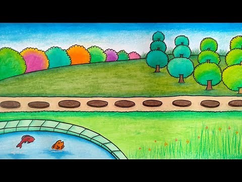 Cara menggambar taman yang indah || Menggambar taman dan kolam ikan