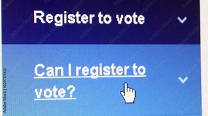 Macro close up of camera dolly into an online voting website, settling on an ECU showing two categories 'Register to Vote' and 'Can I register to Vote'. User moves cursor hand to hover over