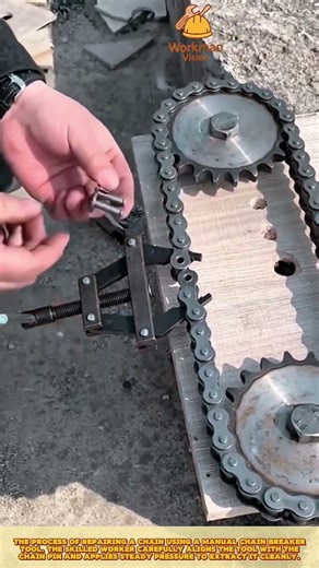 Skilled Worker Repairing Chain Link with Manual Chain Breaker Tool