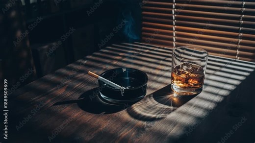 A glass of whiskey with ice and a lit cigarette in an ashtray on a wooden table, illuminated by striped shadows from window blinds.