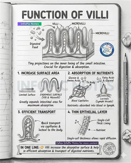 Learn how villi in the small intestine increase surface area and absorb nutrients efficiently. Simple biology explanation for students and exam preparation. #villifunction #DigestiveSystem #HumanBiology #NEETBiology #ScienceEducation | InfoPic Notes
