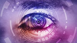 Close up of high tech futuristic eye with green screen