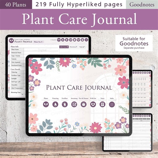 Journal numérique d'entretien des plantes pour GoodNotes | PDF hypertexte | 40 plantes | Conception florale - Etsy France