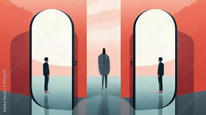 A person standing between two mirrors seeing an infinite reflection of themselves. Psychology art concept. . Stock Video