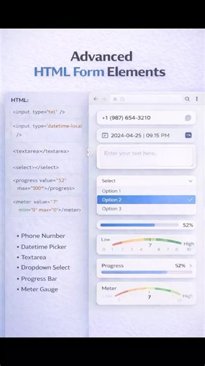 Mohd Mohtsim on Instagram: "Advanced HTML Form Elements You Should Know Ready to level up your frontend skills? Advanced form elements make your forms smarter and more interactive! – Multi-line text input & – Dropdown menus – Auto-suggestions – Task progress bar – Measurement indicator These elements improve user experience and make your forms look professional. Upgrade your skills from basic to advanced today! #HTMLAdvanced #FrontendDevelopment #WebForms #CodingTips #WebDeveloper LearnHTML UIUX