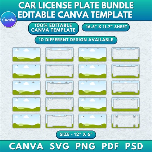 10x Car License Plate Template Bundle | Editable Canva License Plate Designs | License Frame SVG PNG | Sublimation Blank Digital Download - Etsy
