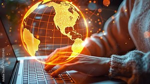 Hacker at work, laptop in hand, creatively utilising a spherical digital padlock interface against a grainy backdrop. Data protection, safety, security, and hacking concepts.