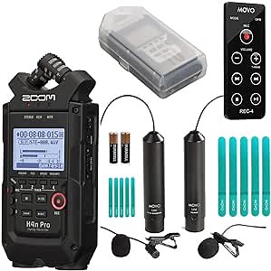 Zoom H4n PRO 4-Channel Handy Recorder Bundle with Movo Omnidirectional & Cardioid XLR Lavalier Microphones + Remote Control (All Black 2020 Version)