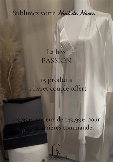 La box PASSION – Pour une nuit mémorable 💫 Découvrez notre coffret exclusif composé de 15 produits romantiques, \t•\t1 livret couple offert, \t•\t1 nuisette & 1 peignoir en satin #nuitdenoces #boxmariage #CadeauMariés #weddingbox #nocedelegance #Mariage #creatorsearchinsight #cadeausurprise