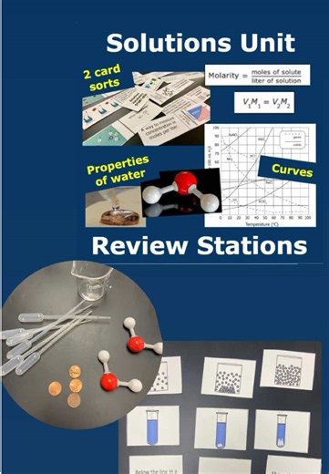 Students always complain when we do rotating stations, but then engagement is high, they have great academic conversations and they work all class period 💁🏻‍♀️ Solutions Review Stations: 💧Solubility Curves 💧Unsaturated/ Saturated/ Supersaturated Sort 💧Molarity Calculations 💧Factors Affecting Solubility 💧Polarity & Surface Tension 💧Dilution Calculations 💧Vocabulary Dominos Comment YES PLEASE and I’ll DM the link to these stations. They are also included in my 💧Solutions Unit Bundle💧 #c