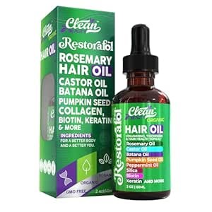 Clean Beauty Rosemary Hair Oil For Growth with Castor Oil Batana Oil Pumpkin Seed Oil Peppermint Oil Silica Biotin Collagen Keratin Saw Palmetto Horsetail Tea Tree Vit E Aloe Vera Jojoba (1 Pack)