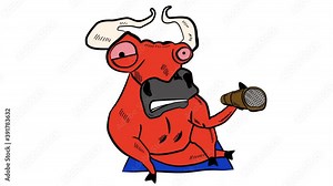 The cool red bull smokes a cigar. 2D cartoon character with a sarcastic mood. Character for advertising vape, cigarettes, cigars, entertainment. 4K high quality animation with alpha channel.