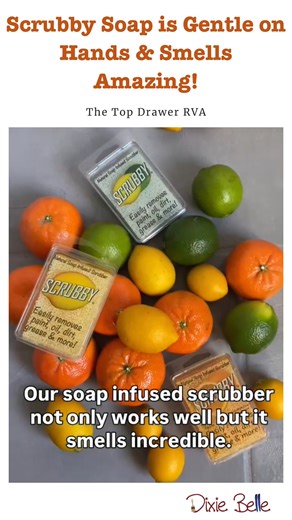 Meet your new favorite cleanup companion — Scrubby Soap! 🧡 This hard-working, soap-infused scrubber cuts through paint, grease, and grime with ease, but it’s also gentle on your hands and smells amazing. 🍊💧 Tough on messes, kind to skin, and perfect for every artist, DIYer, or maker’s workspace. Which scent do you love most — orange, lemon, or lime? 🍋 Shop now: www.dixiebellepaint.com 📷🎨: The Top Drawer RVA #scrubbysoap #soapwithasponge | Dixie Belle Paint Company