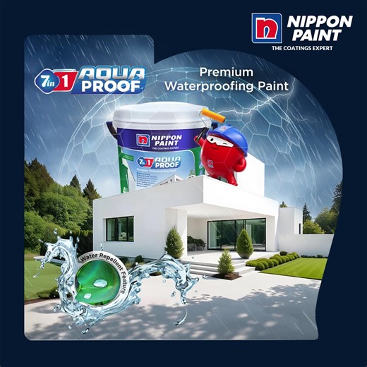 Nippon paint 7 in 1 Aqua Proof is a specially formulated waterproof paint designed for exterior walls, blind walls, and any masonry surface exposed to high water contact. It offers the following benefits, making it the top waterproofing solution available: - Waterproofing - Resistant to dirt pickup - Water-repellent properties - Covers hairline cracks - Protection against algae and fungi - Elastomeric qualities - Decorative and protective Nippon Paint - The No.1 Paint & Coatings Company in the A