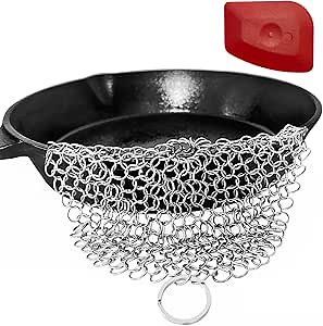 Cast Iron Cleaner +Pan Scraper - Chain Mail Scrubber Cast Iron - Round Cast Iron Scrubber- Stainless Steel Chainmail Scrubber for Griddle Skillet Dutch Oven Skillet Wok Cleaner