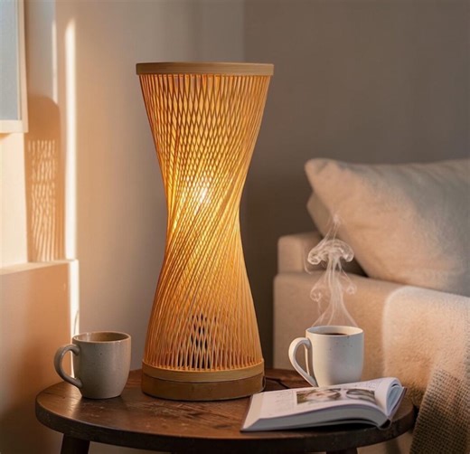Boho Rattan Table Lamp – Wooden Bedside Lamp, Warm Ambient Lighting - Etsy