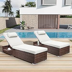 OUYESSIR Chaise Lounge Outdoor Wicker Lounge Chairs for Outside PE Rattan Patio Chairs Pool Loungers Set of 2 for Deck Yard Beach Poolside, with Side Shelf, Adjustable 5 Position, Beige/Brown