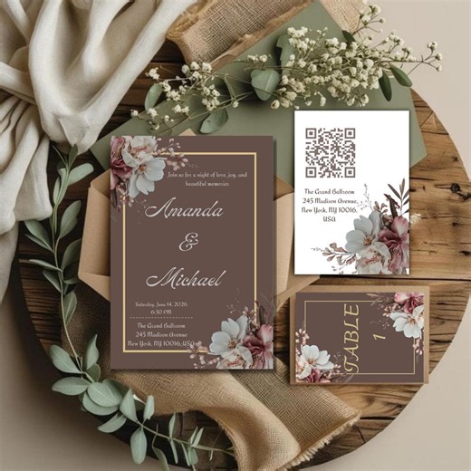 Floral Wedding Invitation Set, Editable Canva Template (digital Download) - Etsy