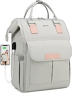 15.6 Inch Laptop Backpack for Women with USB Charger - For College, High School, Travel, Business - Grey