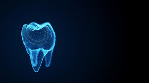 Isolated rotating tooth costructed with glowing points. Dental science animation. Digital tooth anatomy model. Oral health care concept. | Premium Stock Video Footage
