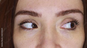 Close-up macro eye of a female human. Frightened shifty eye. Fear in the eyes. Brown-eyed woman. Zoom, wow, omg and half portrait of female model shocked by secret, promotion or drama, results or hear