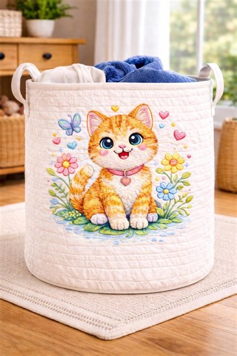Cute Cat Quilted Laundry Basket, Kitty Laundry Hamper, Kids Laundry Storage, Nursery Organizer, Animal Home Decor - Etsy