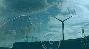 Premium stock video - Animation of stock market and diagrams over wind turbine