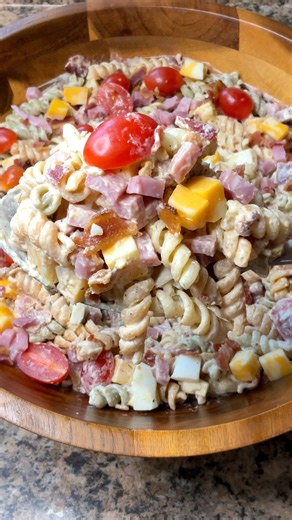 If you need a new dish for your next cookout, try this Ham Club Pasta Salad! The recipe is at the end of the video! #pastasalad #cookout #easyrecipe #clubsandwich #bbq #summer #mealprep #WhatsMomCookin | Whatsmomcookin