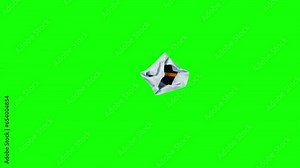 Small orange letter e on black sticker crumpled on alpha channel background in loop stop motion. Alphabet lowercase symbol printed on paper filmed in the cartoon animation style for making logo