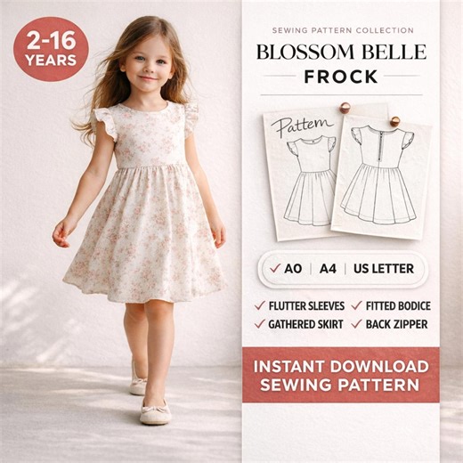 Blossom Belle Girl Frock Sewing Pattern PDF | Flower Girl Dress Pattern | Flutter Sleeve Kids Dress | Sizes 2-16 Years | A4, A0, US Letter - Etsy