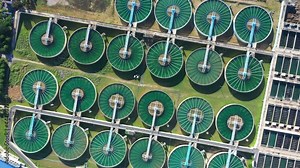 Aerial Top View of Drinking-Water Treatment. Microbiology of drinking water production and distribution, water treatment plant, planing, roof plan