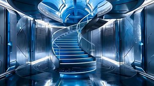 Download A spiral staircase in a futuristic building with blue lights for free