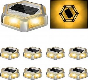 Solar Dock Lights Driveway Deck Lights - 8 Packs Waterproof Outdoor LED Aluminum Dock Lighting Warning Step Light for Driveway Sidewalk Garden Pathway Yard (Warm White,Gray Shell)