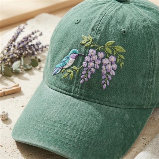 Hummingbird Embroidered Hat, Wisteria Flower Baseball Cap, Washed Green Dad Hat, Floral Nature Lover Gift, Botanical Garden Accessories