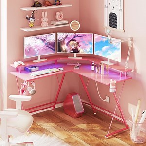 Greenstell Gaming Desk 50.4”with LED Strip&Power Outlets,L-Shaped Computer Corner Desk Carbon Fiber Surface with Monitor Stand,Ergonomic Gamer Table with Cup Holder,Headphone Hook,Pink