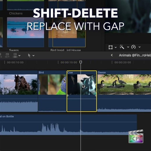 Final Cut Pro Shortcut | Shift-Delete | Replace with Gap