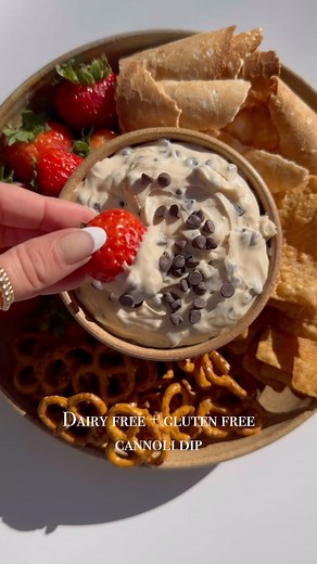 DAIRY FREE GLUTEN FREE CANNOLI DIP You are going to want to make this super easy cannoli dip for your holiday festivities. It is sure to be a crowd pleaser! And it’s a perfect dessert you can prep in advance. Dairy free and Gluten Free Cannoli Dip: 8 oz DF cream cheese (substitute regular cream cheese) 8 oz DF ricotta cheese (substitute regular ricotta cheese) 1 cup organic powdered sugar 1 tsp vanilla extract 1/4 tsp cinnamon Zest of an orange 3/4 cup DF mini chocolate chips Dippers: Gluten fre